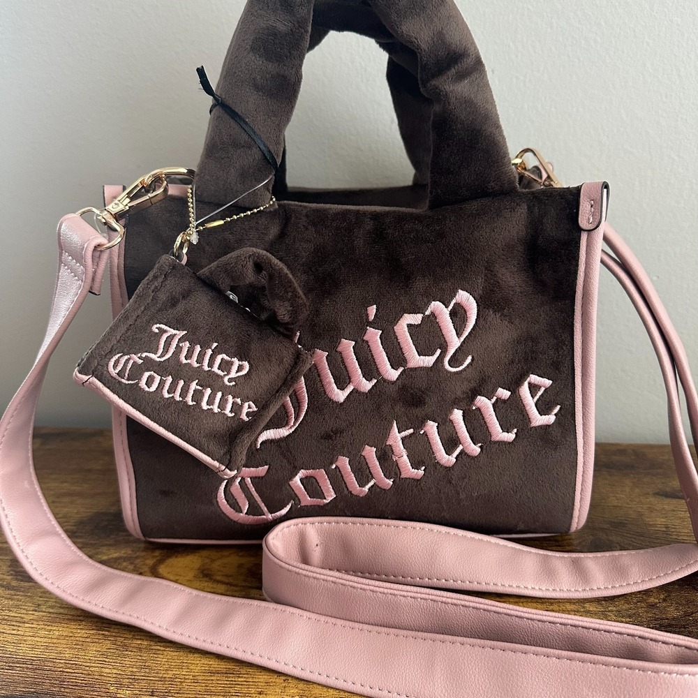 New Juicy Couture 2 in 1 Matching Brown Pink Tote Crossbody Handbag Cute Plush